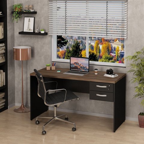 Mesa de Escritório Escrivaninha com Gaveta 2 Gavetas 140cm Nogal Marrom