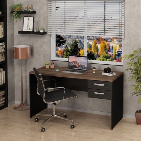 Mesa de Escritório Escrivaninha com Gaveta 2 Gavetas 140cm Nogal Marrom