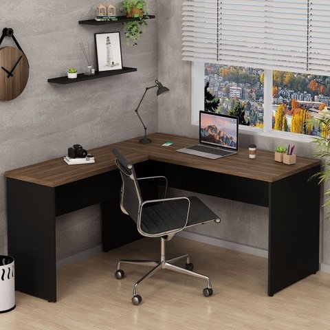 Mesa de Canto em L para Escritório Tampo 140cm Nogal Marrom