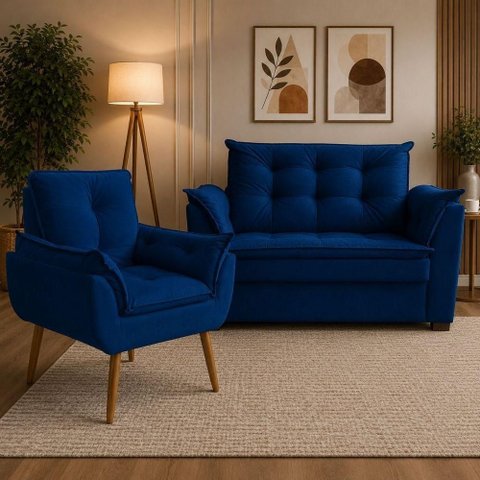 Conjunto de Sofá 2 Lugares Fixo 140cm Azul Marinho Suede Porto Estofados