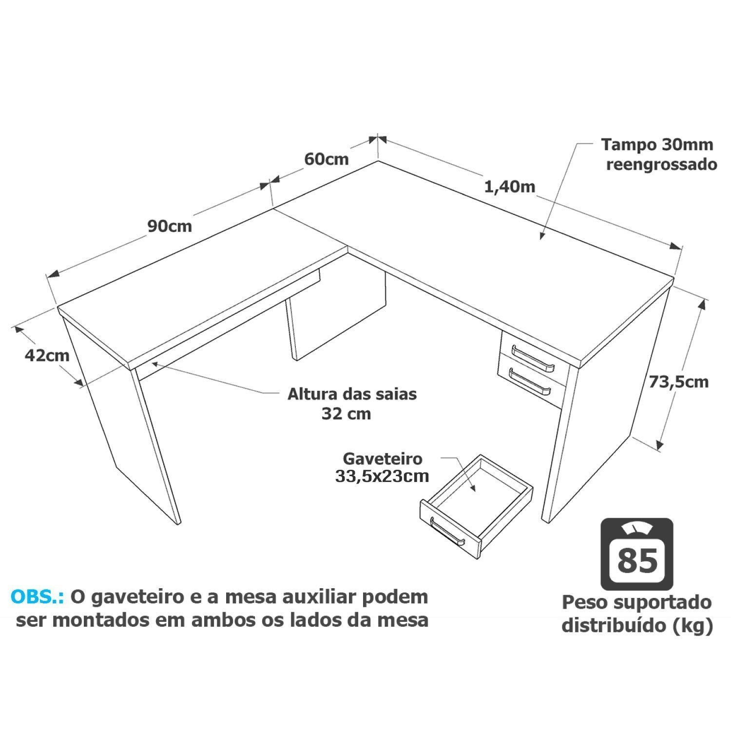 Mesa De Canto em L Para Escritório 140x150cm com Gaveta - 3