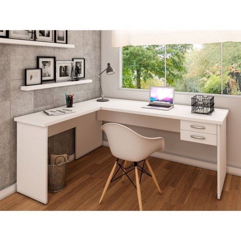 Mesa de Canto em L para Escritório com Gaveta 140cm Branco