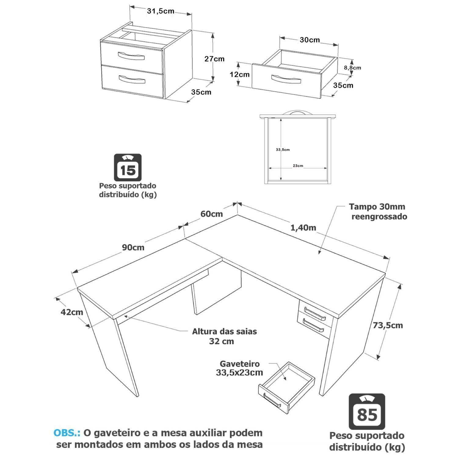 Mesa De Canto em L Para Escritório 140x150cm com Gaveta - 3