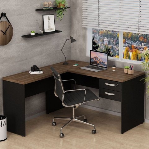 Mesa de Canto em L para Escritório com Gaveta 2 Gavetas 140cm Nogal Marrom