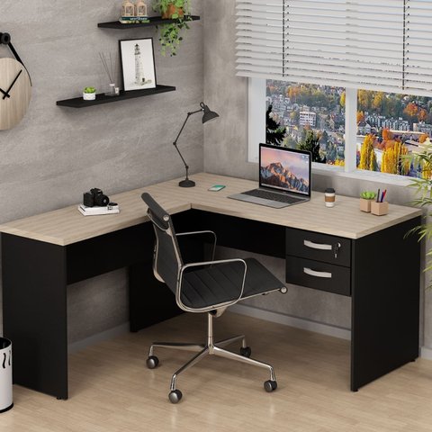 Mesa De Canto em L Para Escritório com Gaveta 2 Gavetas 140cm Carvalho