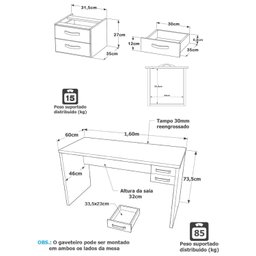 Mesa De Escritório Escrivaninha com Gaveta 160x60cm Tampo 30mm - 3