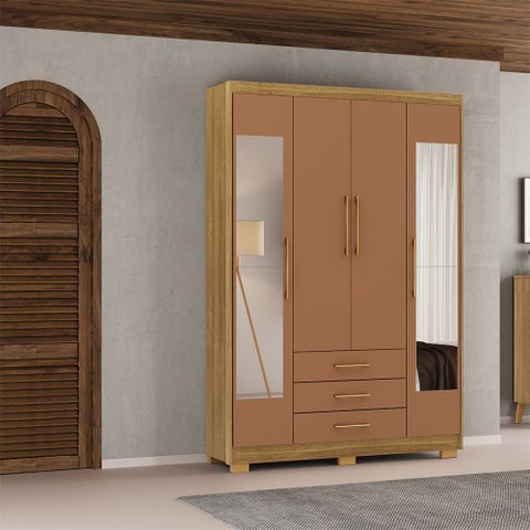 Guarda Roupa Solteiro Linna 150cm 4 Portas de Bater 2 com Espelhos 3 Gavetas Nature/Terracota G98 - 