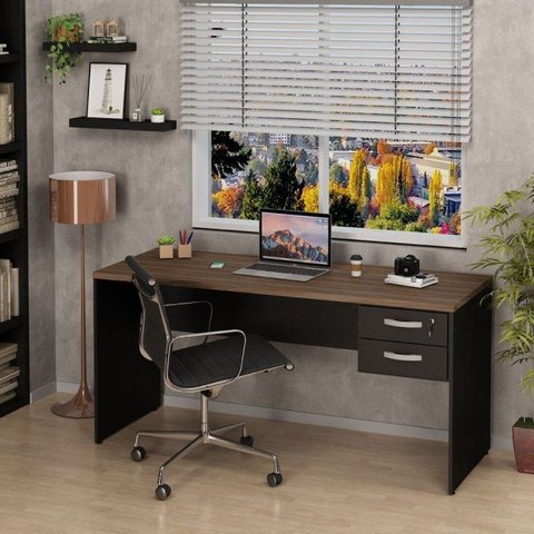 Mesa de Escritório Escrivaninha com Gaveta Tampo 2 Gavetas 160cm Nogal Marrom
