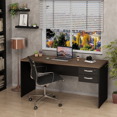 Mesa De Escritório Escrivaninha com Gaveta Tampo 2 Gavetas 160cm Nogal