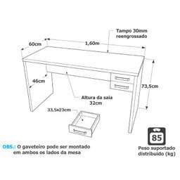 Mesa De Escritório Escrivaninha com Gaveta 160x60cm Tampo 30mm - 3