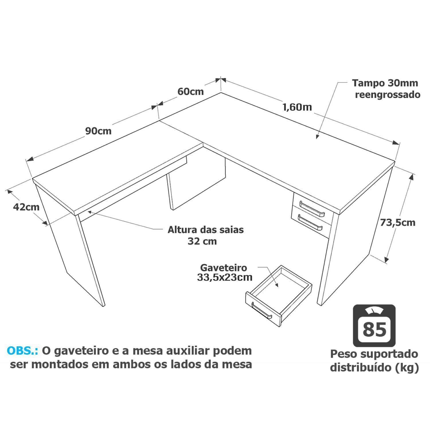 Mesa De Escritório em L 160x150cm com Gaveta - 3