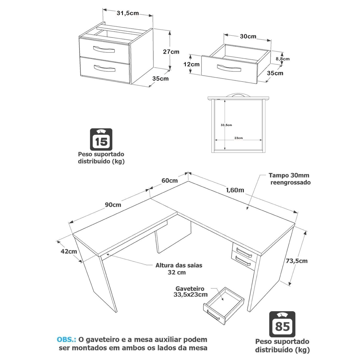 Mesa De Escritório em L 160x150cm com Gaveta - 3