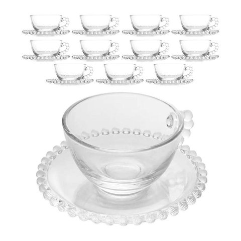 Jogo 12 Xícarasde Chá com Pires Cristal Transparente Pearl Pérola 180ml Wolff
