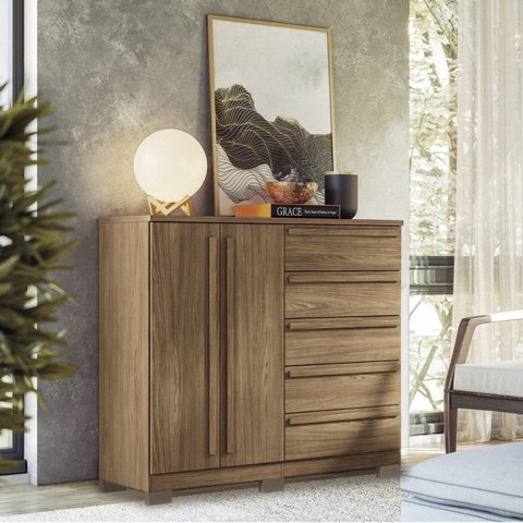 Cômoda 2 Portas 5 Gavetas Málaga Gold com Pés Marrom/Jatobá