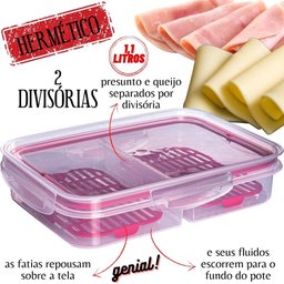 Porta frios hermético Trava Mais com 2 divisórias e escorredor vermelho Plasutil ref.14334 - 2