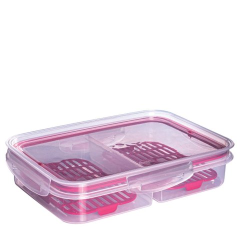 Porta frios hermético Trava Mais com 2 divisórias e escorredor vermelho Plasutil ref.14334