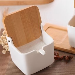 Saleiro de Mesa de Cerâmica com Tampa de Bambu e Colher Bianco 9,5cm X 9cm - 6