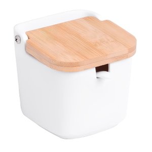 Saleiro de Mesa de Cerâmica com Tampa de Bambu e Colher Bianco 9,5cm X 9cm