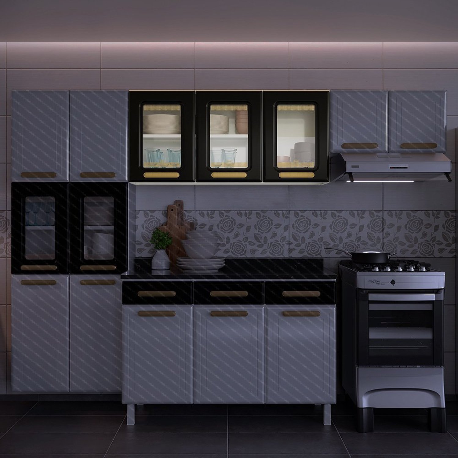 Armário de Cozinha Aéreo 3 Portas com Vidro Ágata - 2