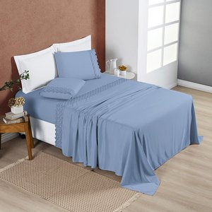 Jogo Cama Lençol Divino Lese King 4 Peças - Azul Casa Show Enxovais