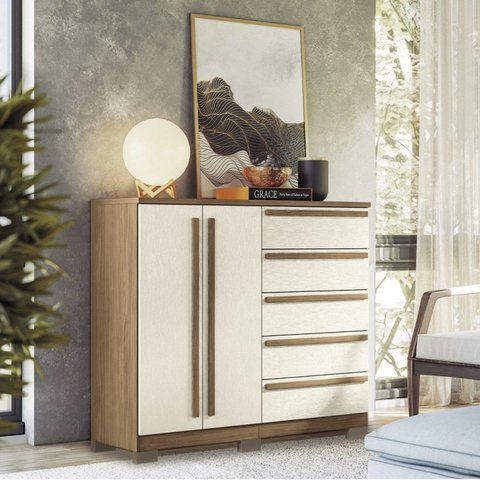Cômoda 2 Portas 5 Gavetas Málaga Gold com Pés Bege/Jatobá/Areia