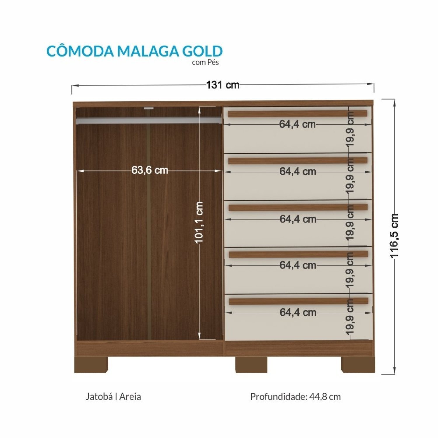 Cômoda 2 Portas 5 Gavetas Málaga Gold com Pés - 4