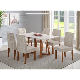 Mesa de Jantar Pés Madeira Maciça com Vidro 6 Cadeiras Madeira Dalia Anna Âmbar/Off White - 1