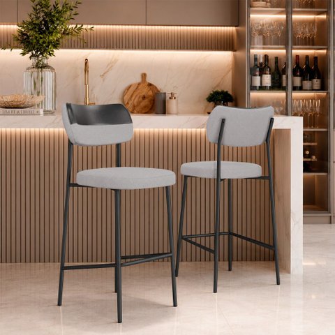 Kit 2 Banquetas Alta Sala de Jantar Lisa Pés Preto Linho/PU Cinza/Preto m² - Monari Design