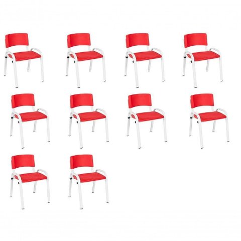 Kit 10 Cadeira Iso Infantil Creche, Base Branco Vermelho