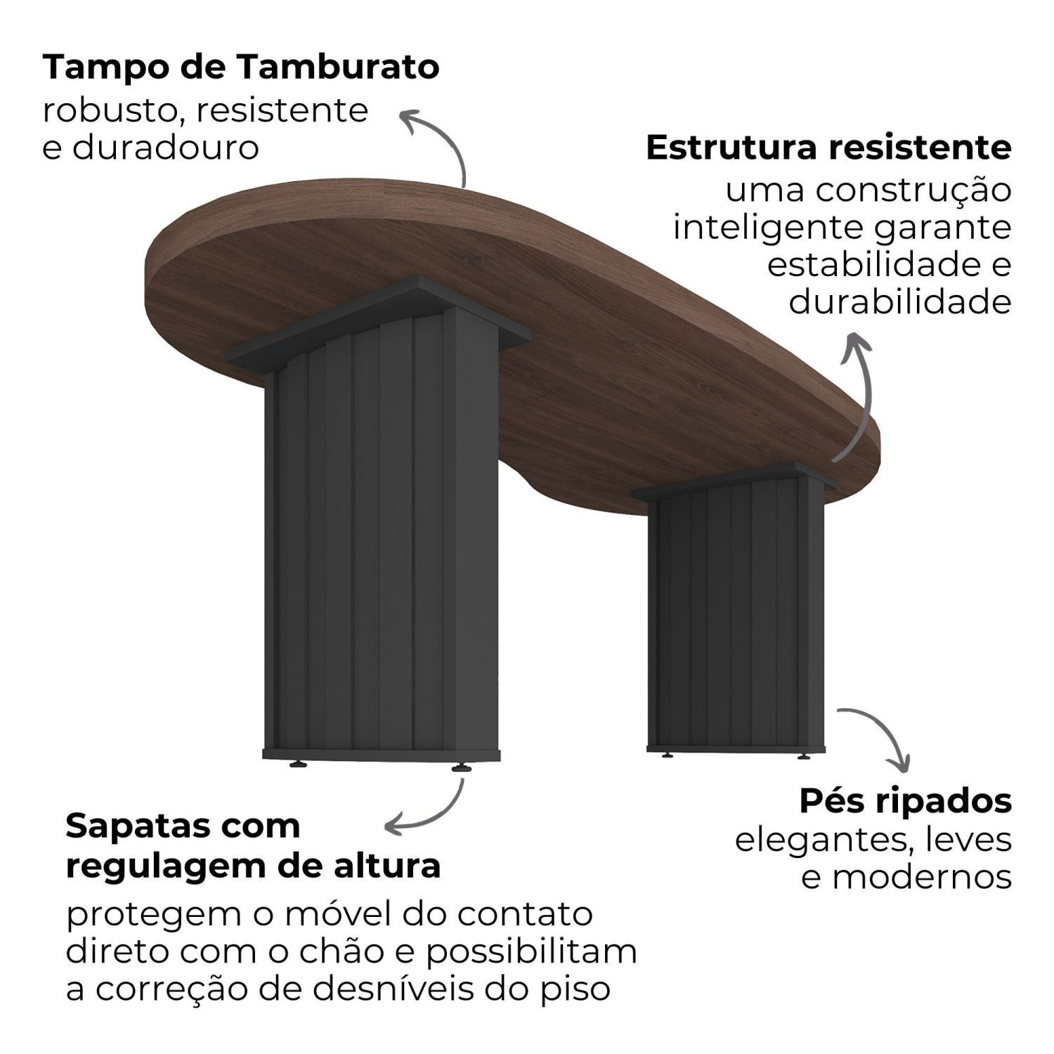 Mesa para Escritório com Curvas Orgânicas, Pés Ripados e Tampo Tamburato Diretor 2 Metros  - 7