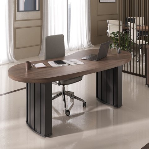 Escrivaninha Mesa Escritório com Curvas Orgânicas, Pés Ripados e 200cm Tampo Tamburato Diretor 2 Metros Charuto E Preto