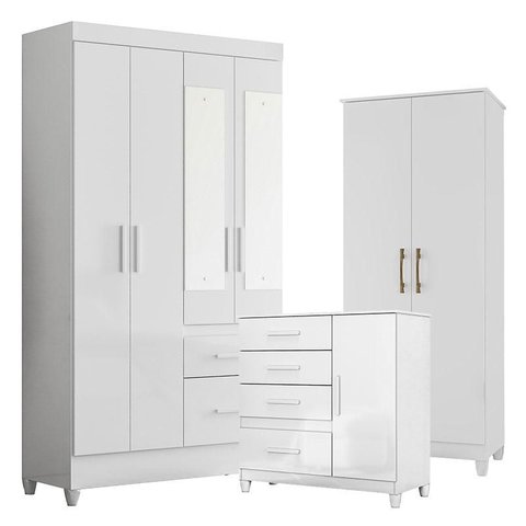 Guarda Roupa com Espelho Infantil Sobral com Cômoda Vênus com Pés e Multiuso Jade Branco Brilho – Mo