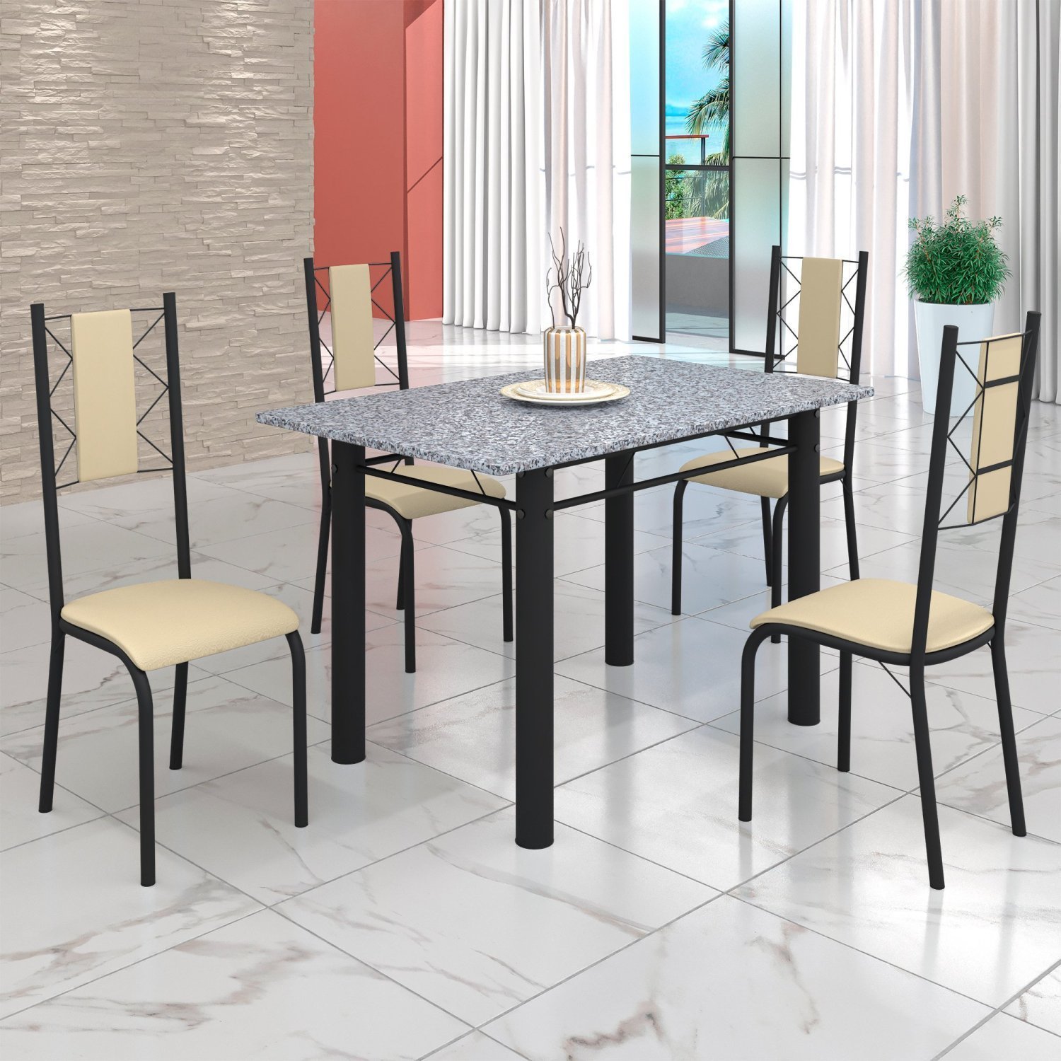 Conjunto Sala de Jantar Bahia Mesa Tubo 120x75cm Tampo Pedra Granito Ocre com 4 Cadeiras - 1
