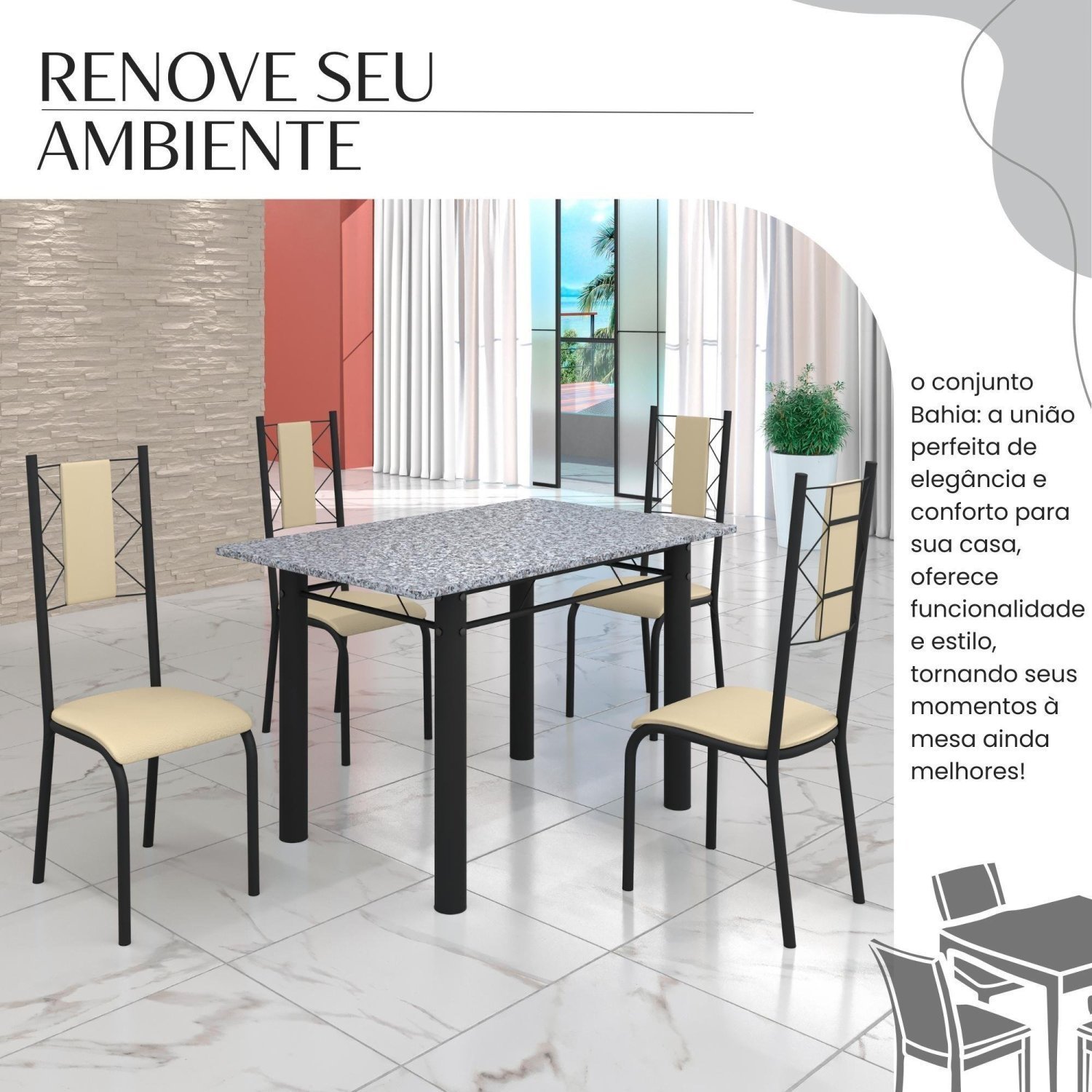Conjunto Sala de Jantar Bahia Mesa Tubo 120x75cm Tampo Pedra Granito Ocre com 4 Cadeiras - 6