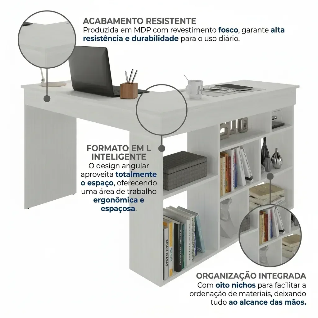 Ver imagem 3 de Escrivaninha Mesa Escritório 115,5x120cm em L 8 Nichos Montecello Branco Yescasa