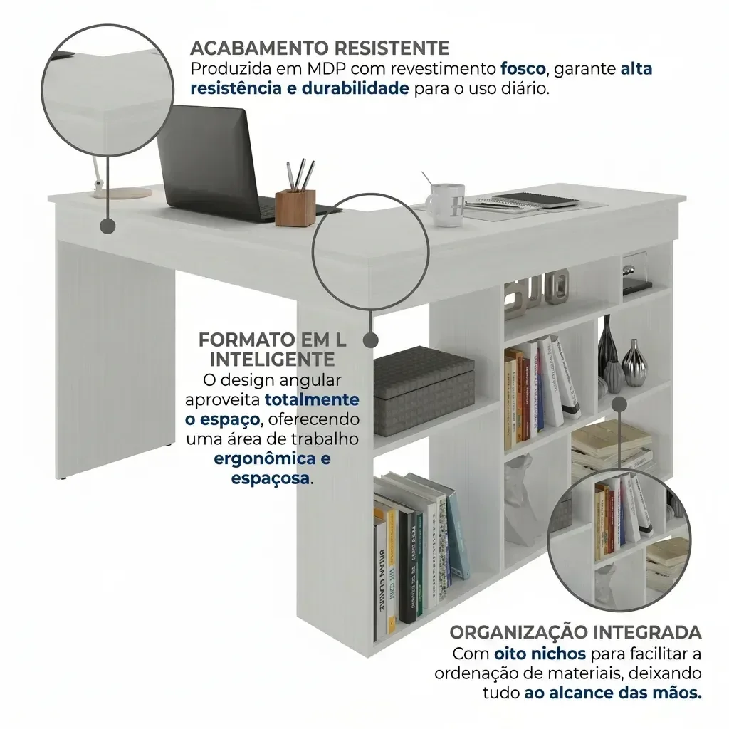 Ver imagem 3 de Escrivaninha Mesa Escritório 115,5x120cm em L 8 Nichos Montecello Branco Yescasa