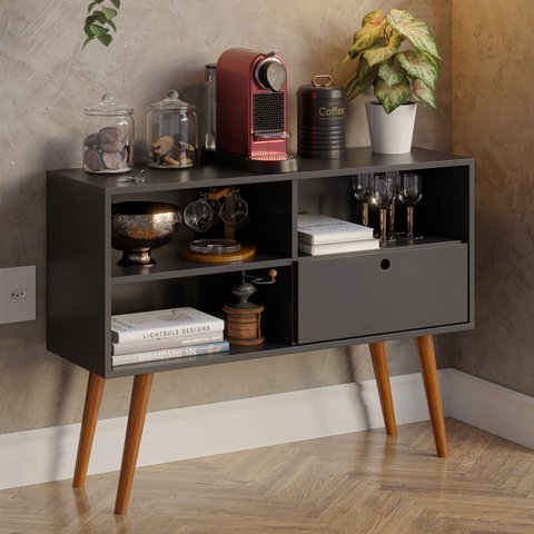 Aparador Buffet Retrô 95cm com Gaveta e Pés Palito Preto - Multiuso Sala e Quarto