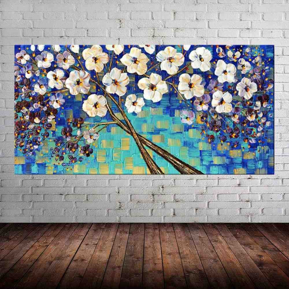 Quadro Pintura Tela Arvores e Flores Modernas Em Altos Relevos 2091: 70cm (A) x 140cm (L) - 1