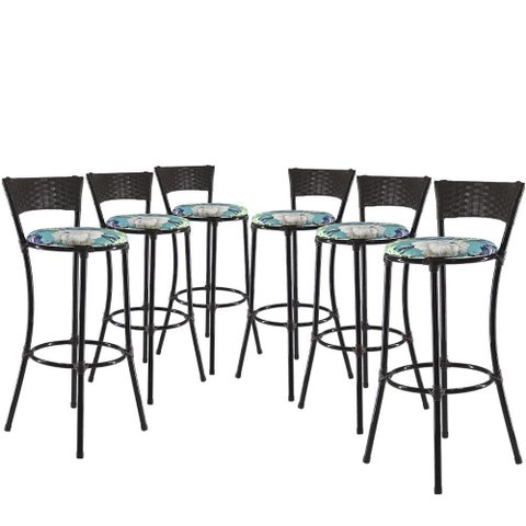 Kit Com 6 Banquetas Altas Forts Azul Floral, Fibra Uv Bancada, área Goumert, Bar, Piscina, Balcão
