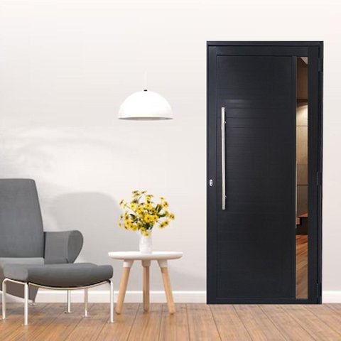 Porta Lambril de Alumínio 210 x 90cm com Puxador e Visor Linha 30 Abertura Direita Preto Esquadrias