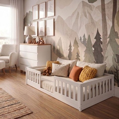 Cama Infantil Montessoriana Solteiro de Chão com Grades