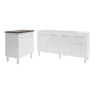 Balcão Cozinha Gabinete para Pia 138 Cm Carine e Balcão Fran para Cooktop 5 Bocas Branco