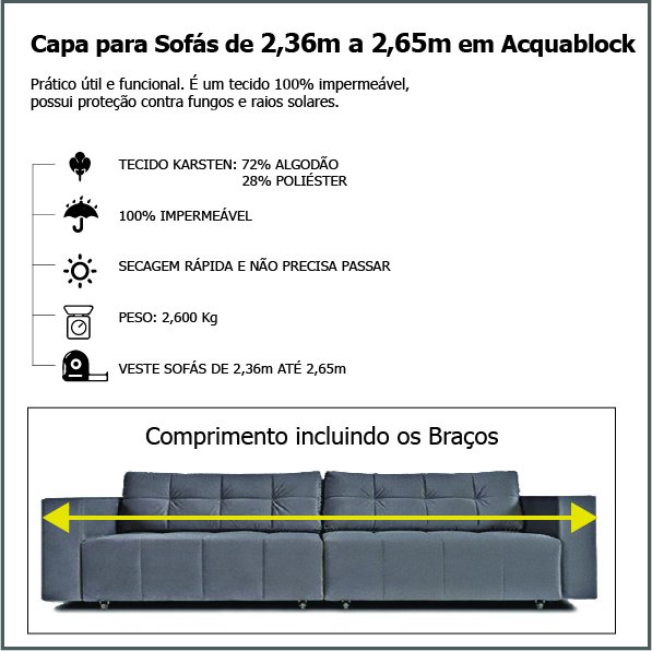 Capa para Sofá Retrátil e Reclinável em Acquablock Impermeável - Veste Sofás de 2,36M até 2,65M - Grafit - 3