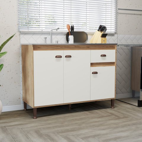 Balcão de Pia 120cm 3 Portas e 1 Gaveta Torino Marrom/Mel/Off White