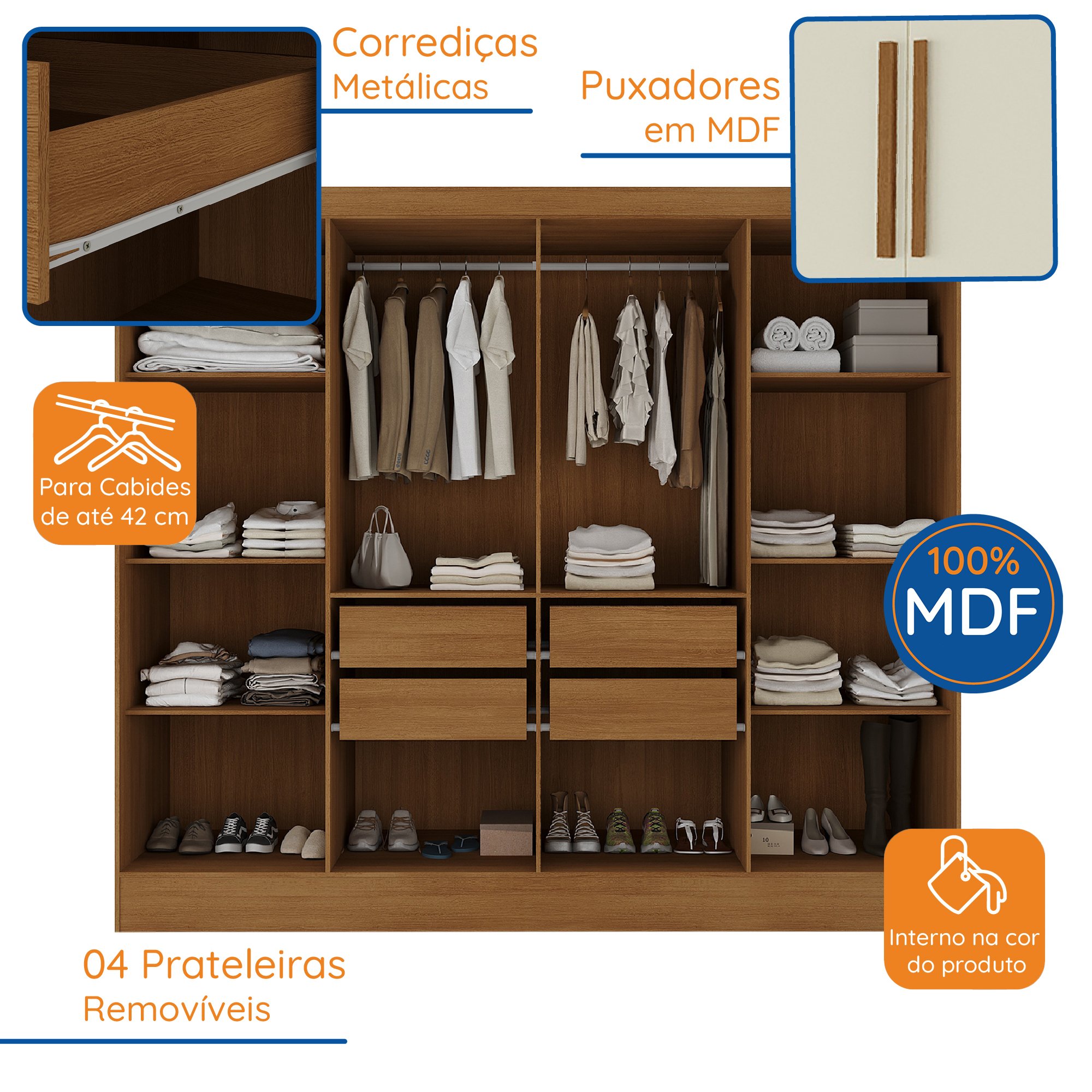 Guarda Roupa Casal 100% MDF 8 Portas 4 Gavetas Jatobá Yescasa - 5