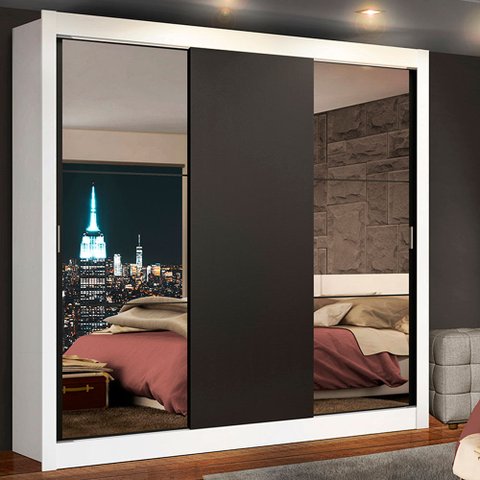 Guarda-Roupa Casal Madesa Lyon 3 Portas de Correr com Espelhos 2 Gavetas Branco/Preto Cor:Branco/Pre