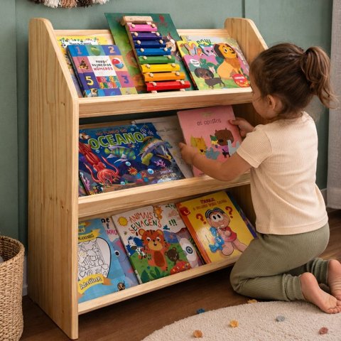 Revisteiro Infantil em Madeira Pinus – Organizador de Livros Estilo Montessori com Cantos Arredondad
