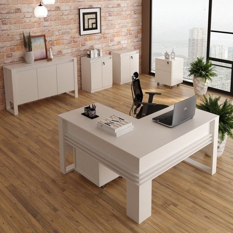 Conjunto 6 Peças com Mesa em L, 2 Gaveteiros, 2 Armários Multiuso Baixo e Balcão Branco