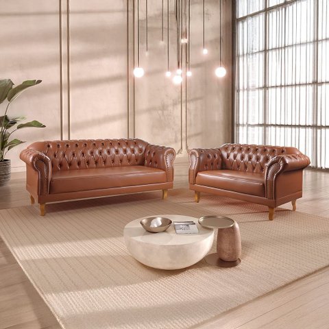 Conjunto de Sofás Chesterfield 5 Lugares Couro Sintético Marrom Duque 200cm Yescasa