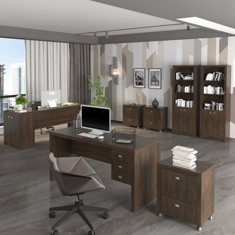 Conjunto 8 Peças com 2 Escrivaninhas, 3 Gaveteiros, 2 Estantes e 1 Armário Multiuso Baixo Rústico